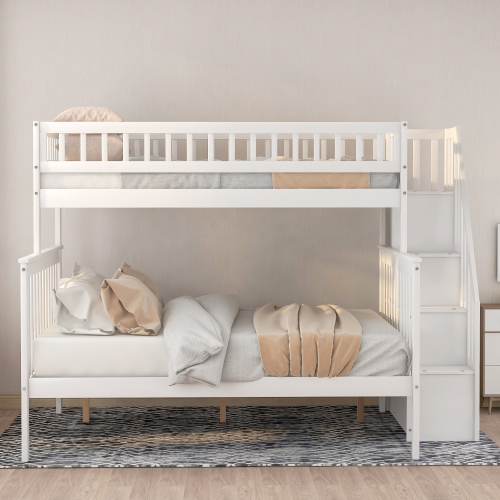 Twin over Full Stairway Bunk Bed with Storage, Gray、、casual