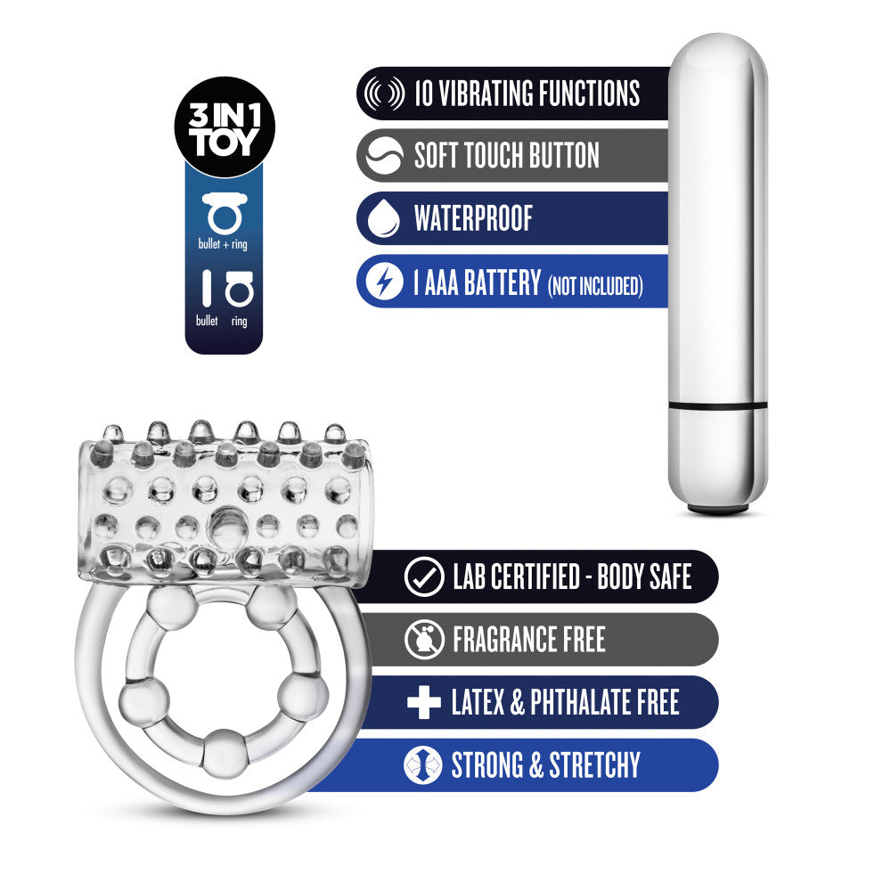 Stay Hard By Blush® | Super Clitifier: 3-In-1 Clear 10-Function Vibrating Penis Ring、mySite、bottomscart