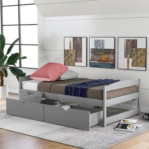 Twin size platform bed, with two drawers, gray、、casual