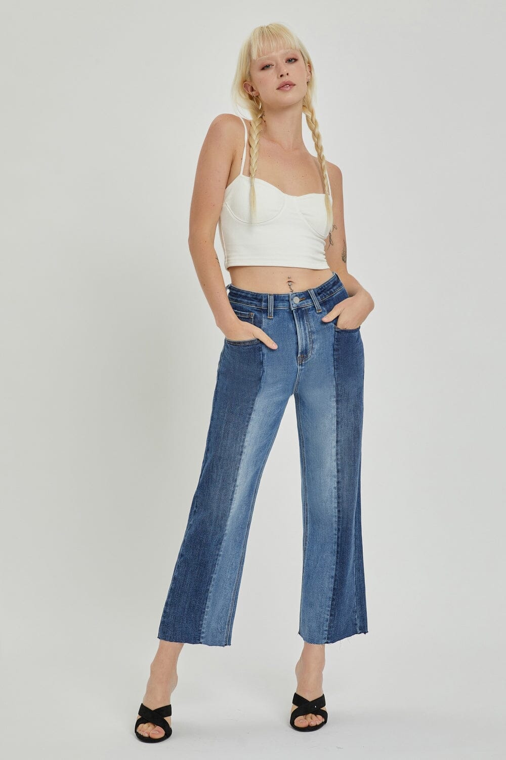 RISEN Full Size Mid-Rise Waist Two-Tones Jeans with Pockets、mySite、camillekostekn