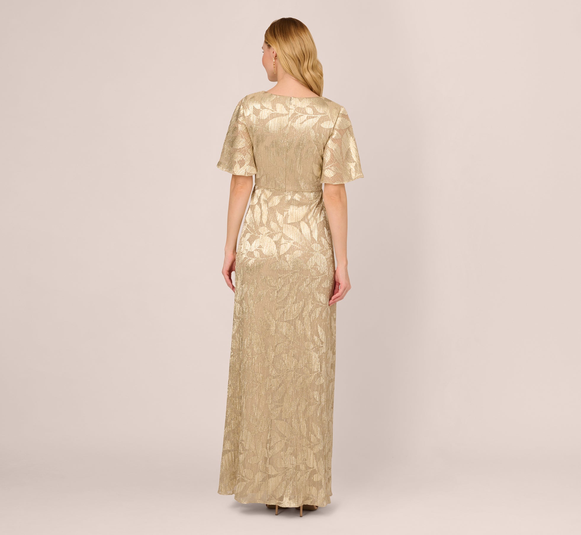 Foil Leaf Short Sleeve Gown With Draped Details In Champagne Gold、mySite、solidvoid