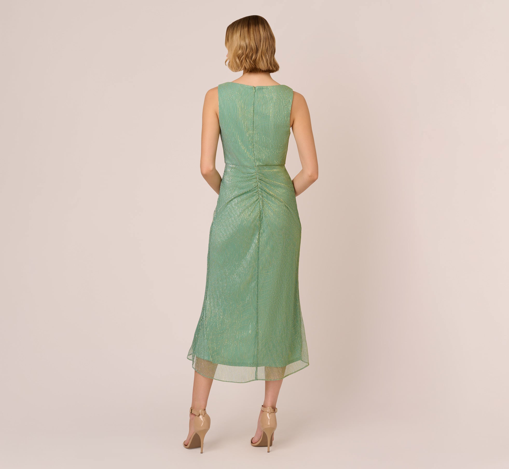 Crinkle Metallic Faux Wrap Dress With Draped Detail In Green Slate、mySite、solidvoid