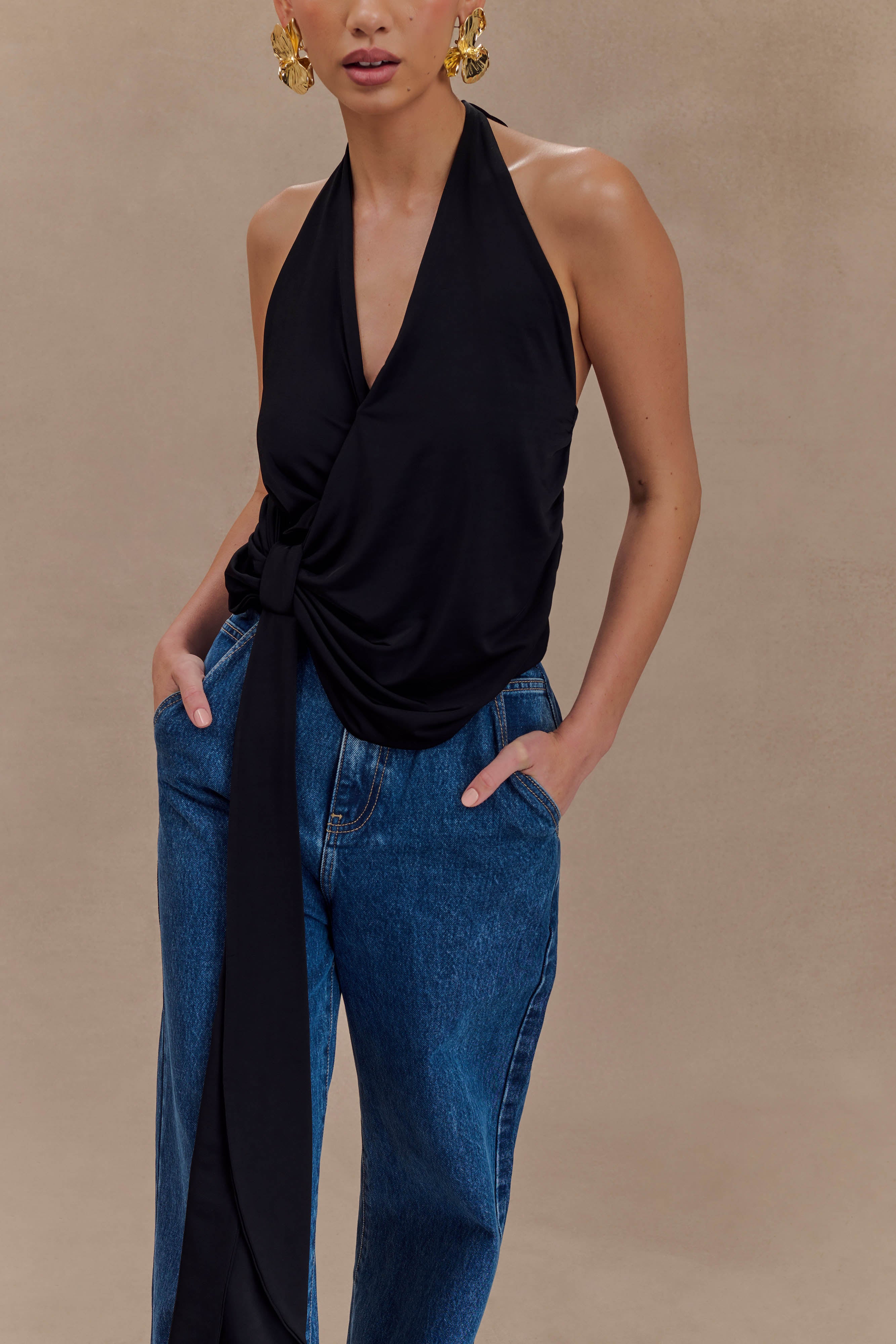 Tyla Draped Slinky Halter Top - Black、mySite、solidvoid