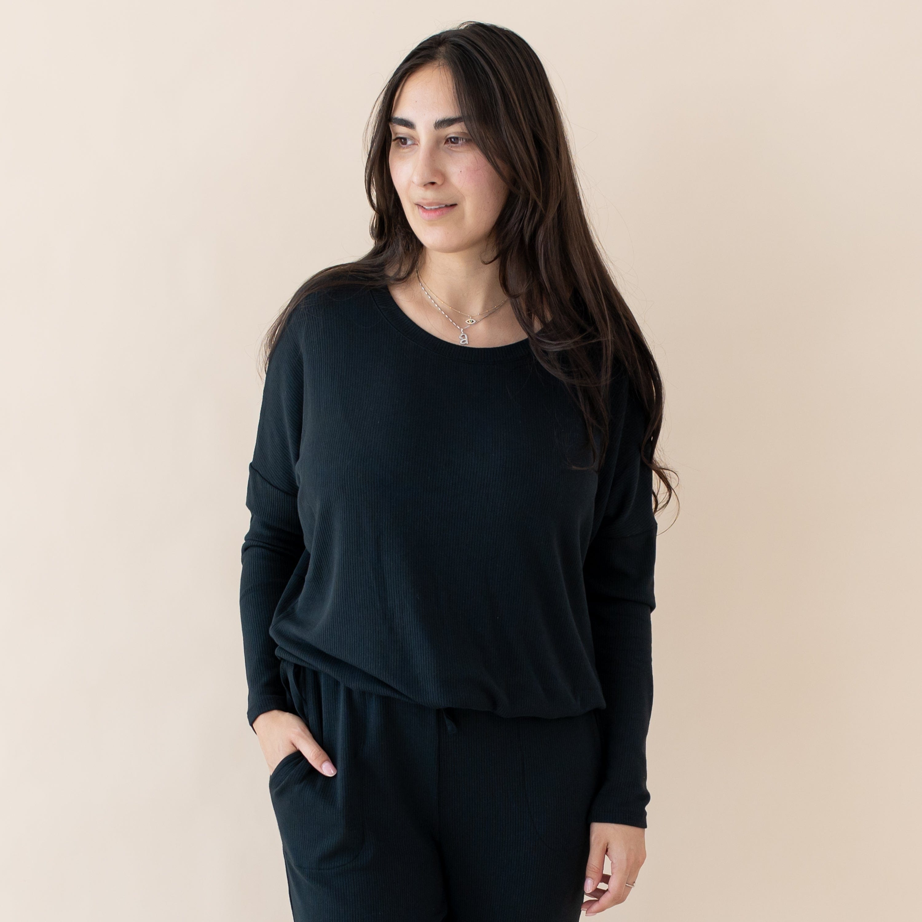  Women's Ribbed Long Sleeve Drop Shoulder Top in Midnight、mySite、layawaytickets