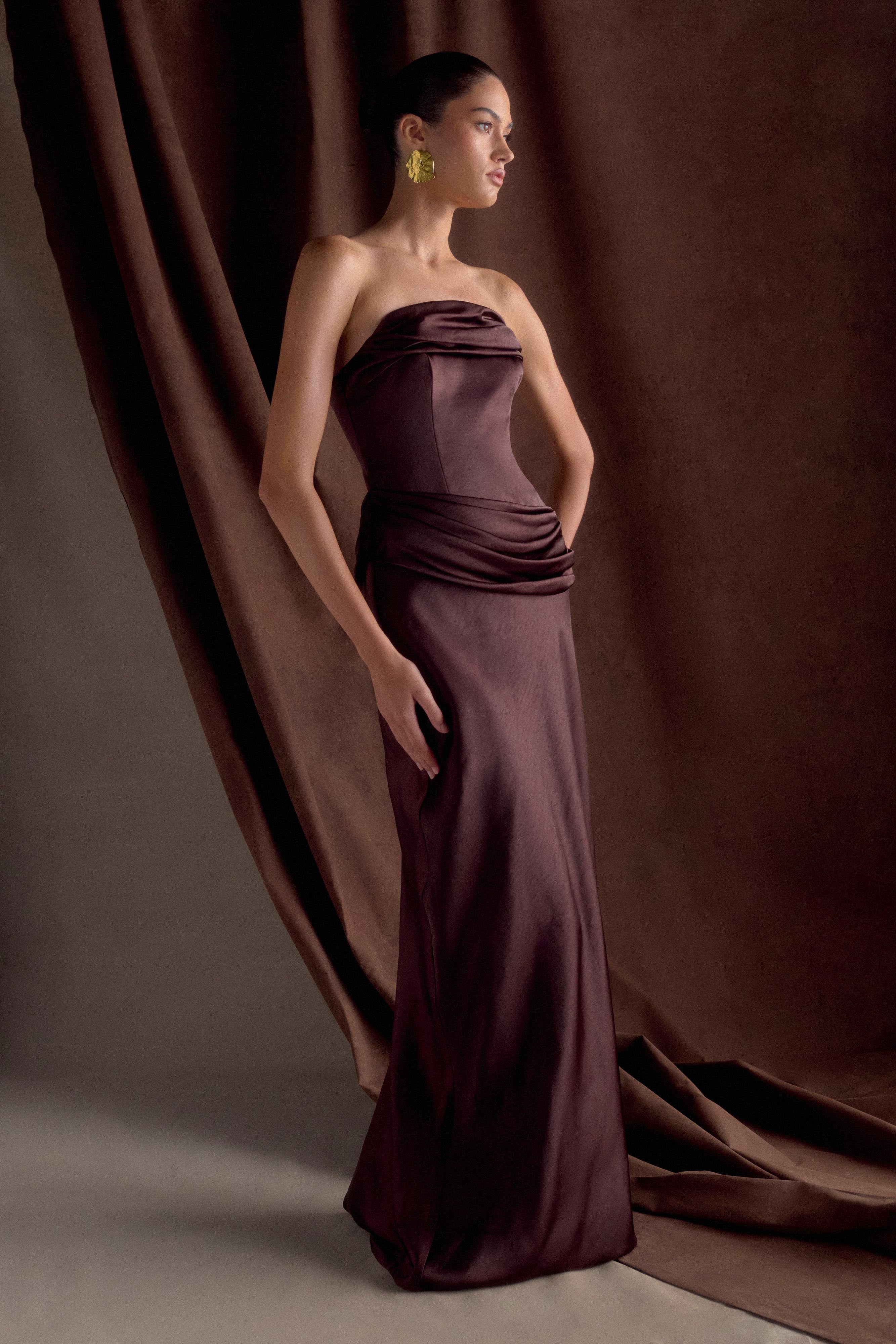Jasmine Strapless Satin Maxi Dress - Dark Chocolate、mySite、solidvoid