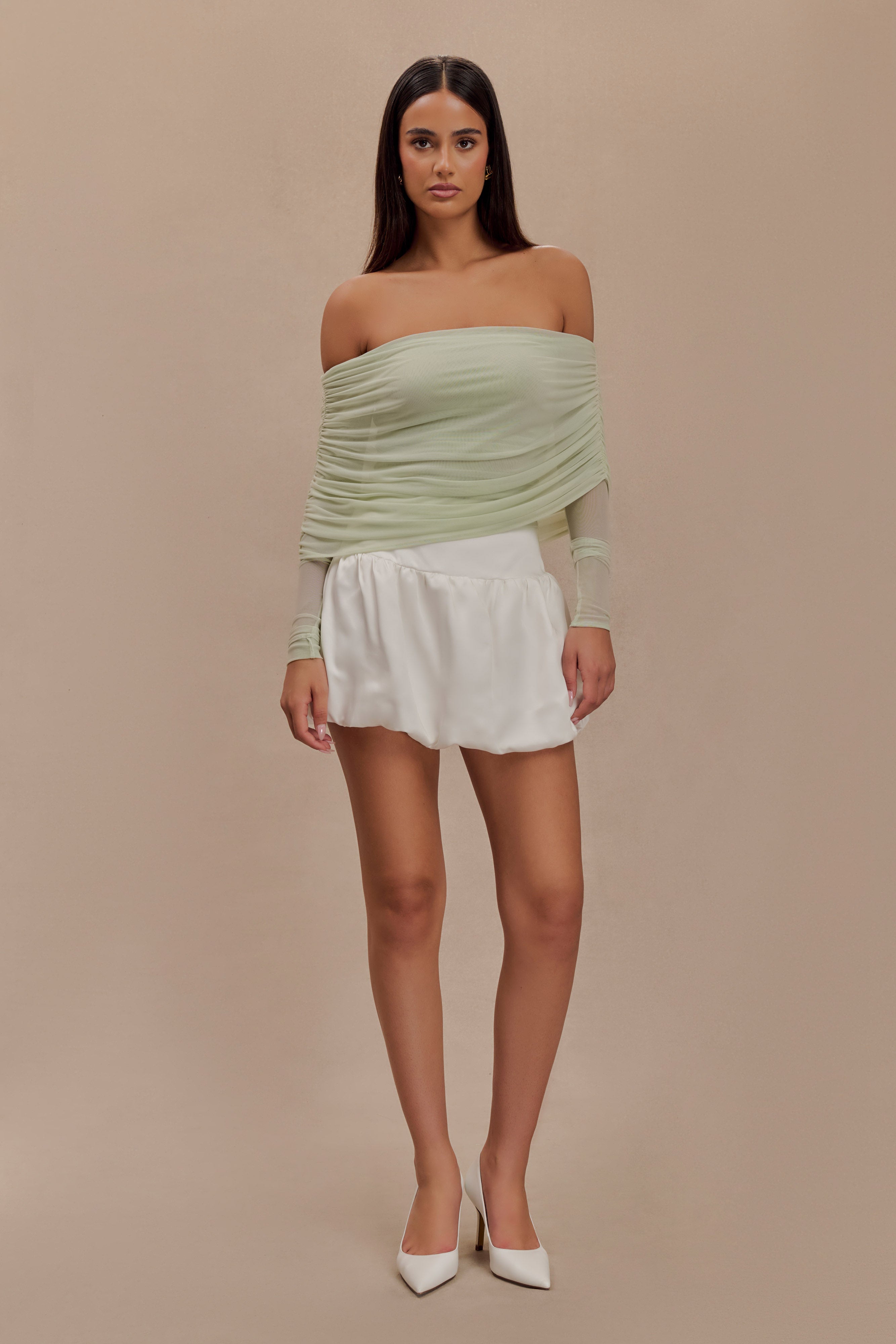 Everly Sheer Mesh Off Shoulder Top - Pastel Green、mySite、solidvoid