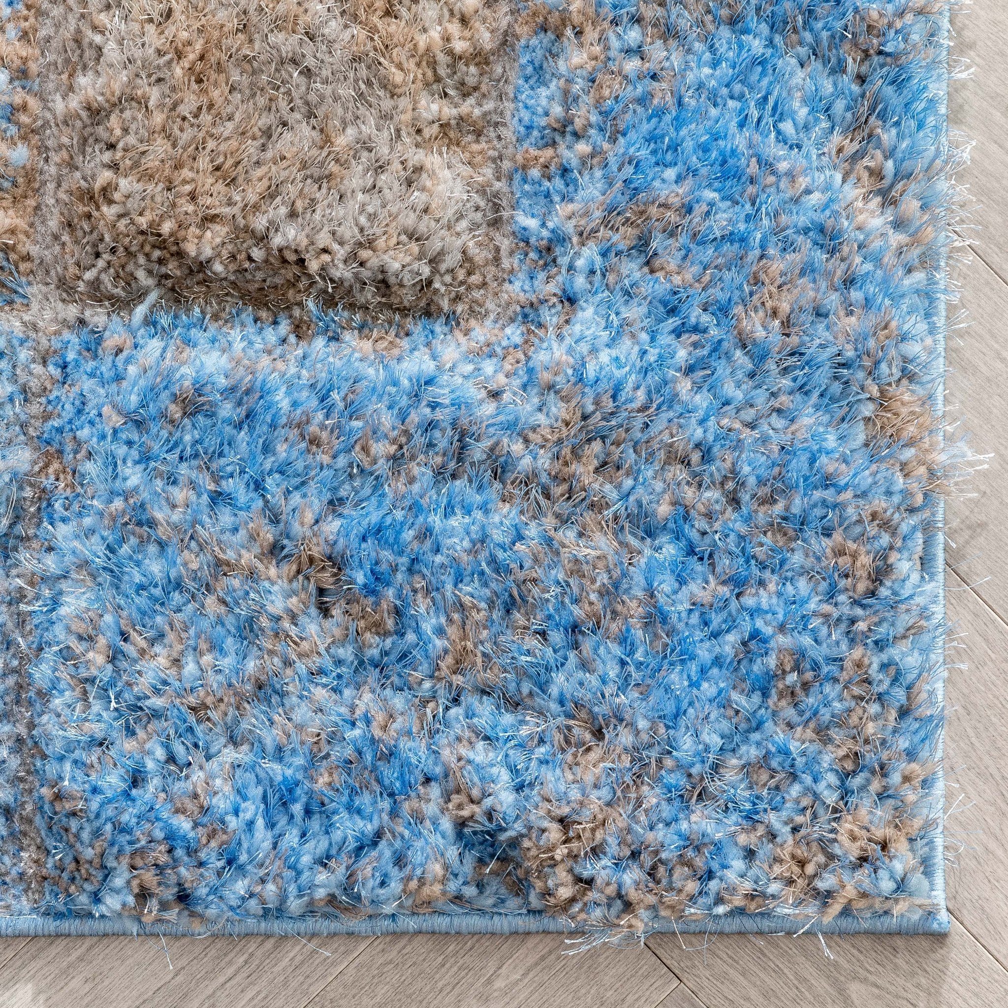 Kenzo Retro Geometric Pattern 3D Textured Shag Grey Light Blue Rug、mySite、gigharbornorthrealestate