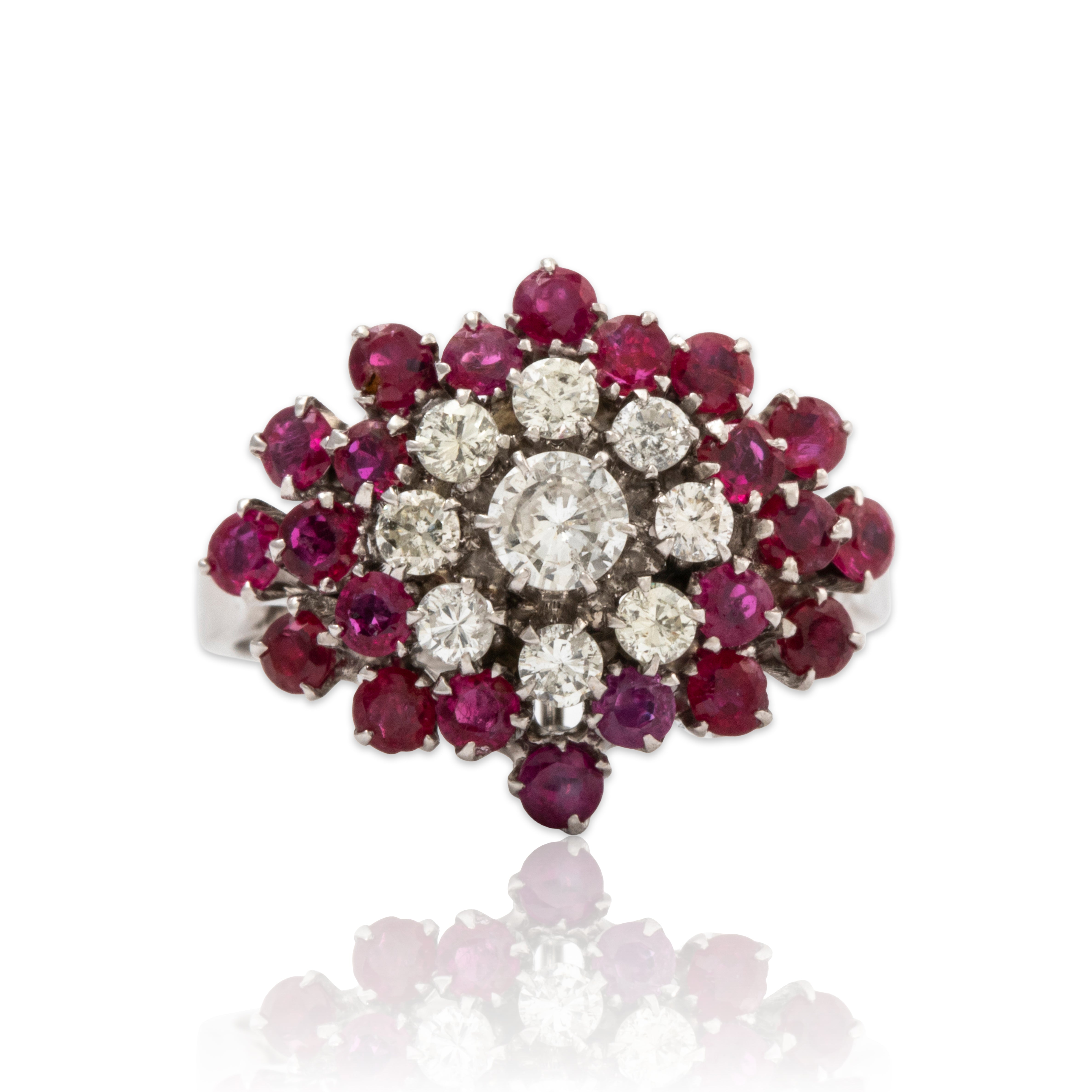 Vintage 14k White Gold 1.3cttw Ruby Diamond Floriform Constellation Ring、mySite、hinf8tx79