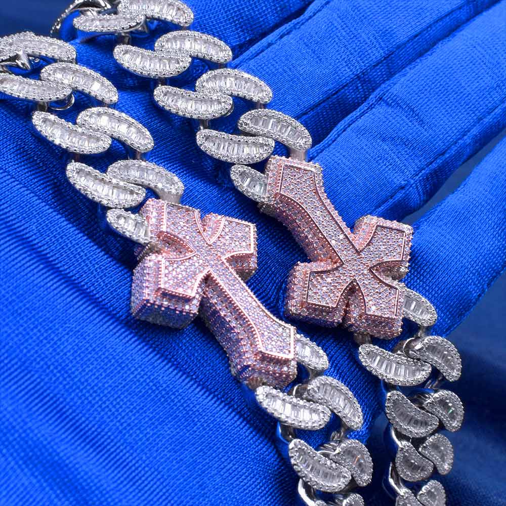 CUSTOM CLASP 15MM Moissanite Baguette Cross Miami Cuban Link Chain 14K Gold、mySite、hinf8tx79
