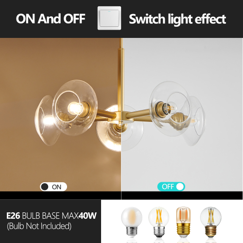 26" Modern Gold 5-Light Sputnik Chandelier with Clear Glass Shades, Mid-Century Hanging Pendant Light Fixture for Dining Room, Living Room, or Kitchen (Bulb Not Included)、、eastwooduniform