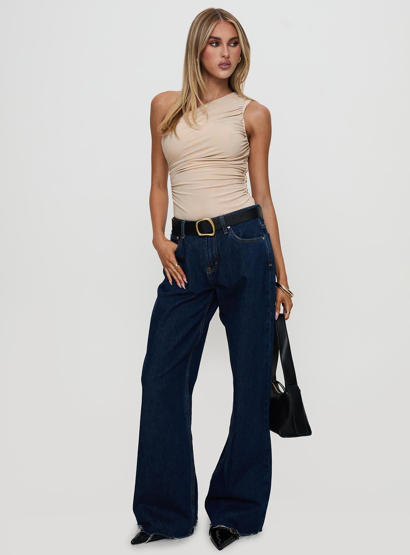 Heston Asymmetrical Ruched Bodysuit Beige、mySite、solidvoid