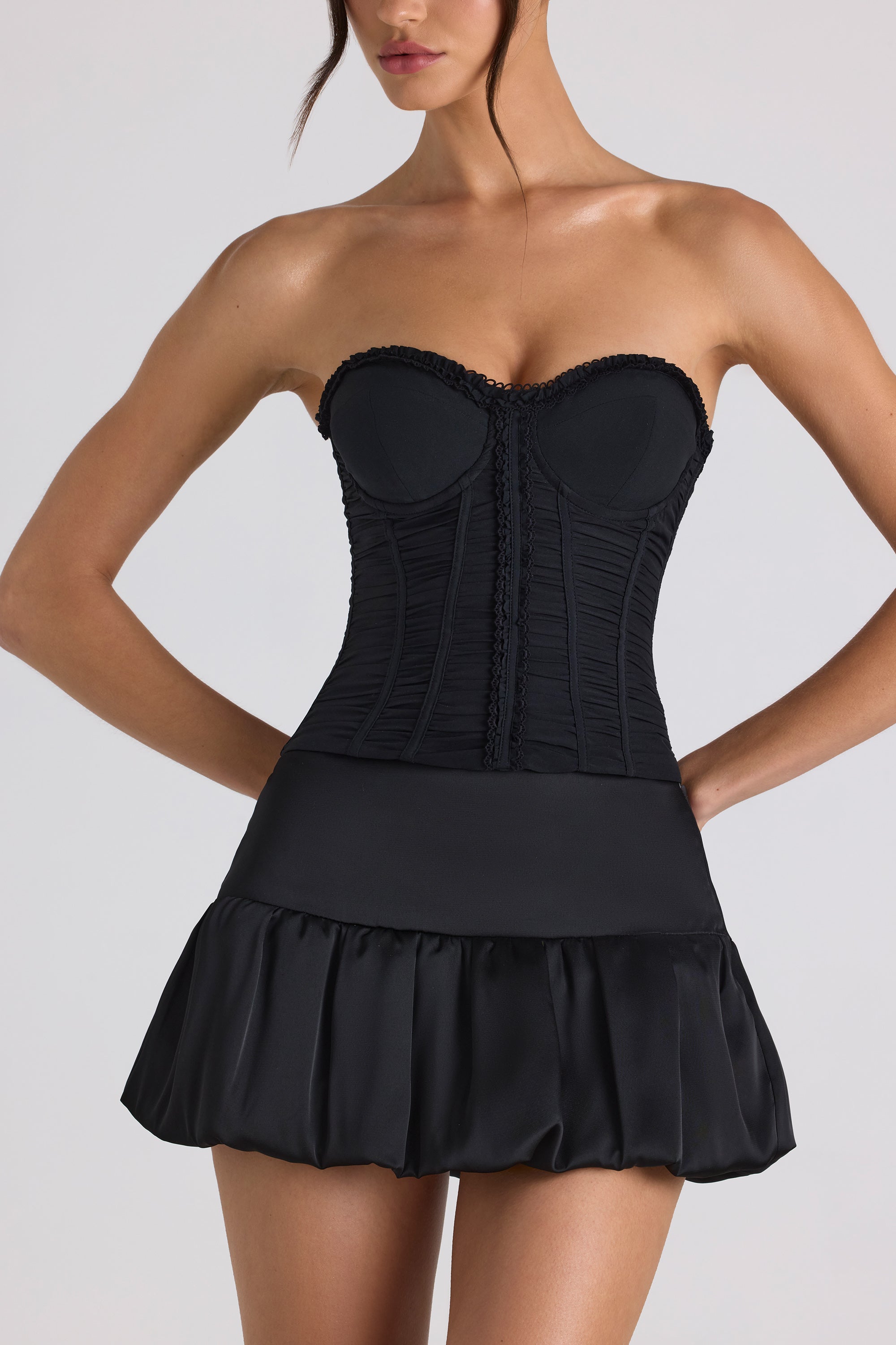 Ruched Lace-Up Strapless Corset Top in Black、mySite、solidvoid