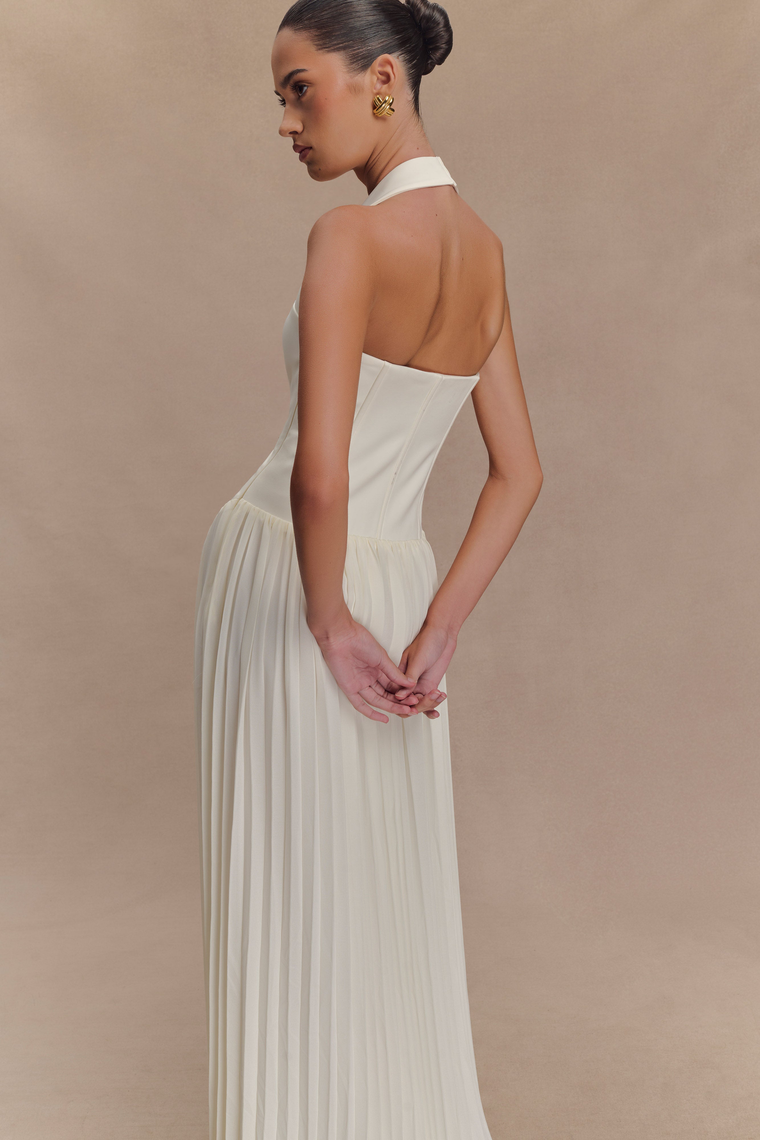 Stacie Pleated Halter Maxi Dress - Ivory、mySite、solidvoid