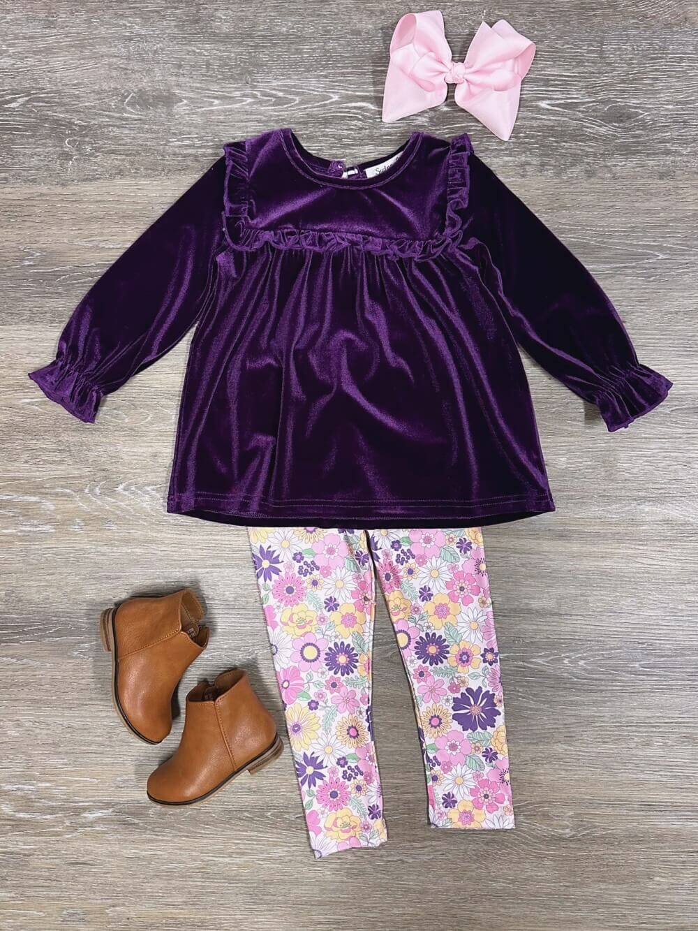 Winter Floral Purple Velvet Top & Leggings Girls Outfit、mySite、camillekostekn