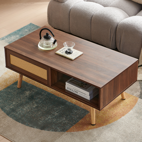 41.34" Rattan Coffee table, sliding door for storage, solid wood legs, Modern table for living room , natural、、casual
