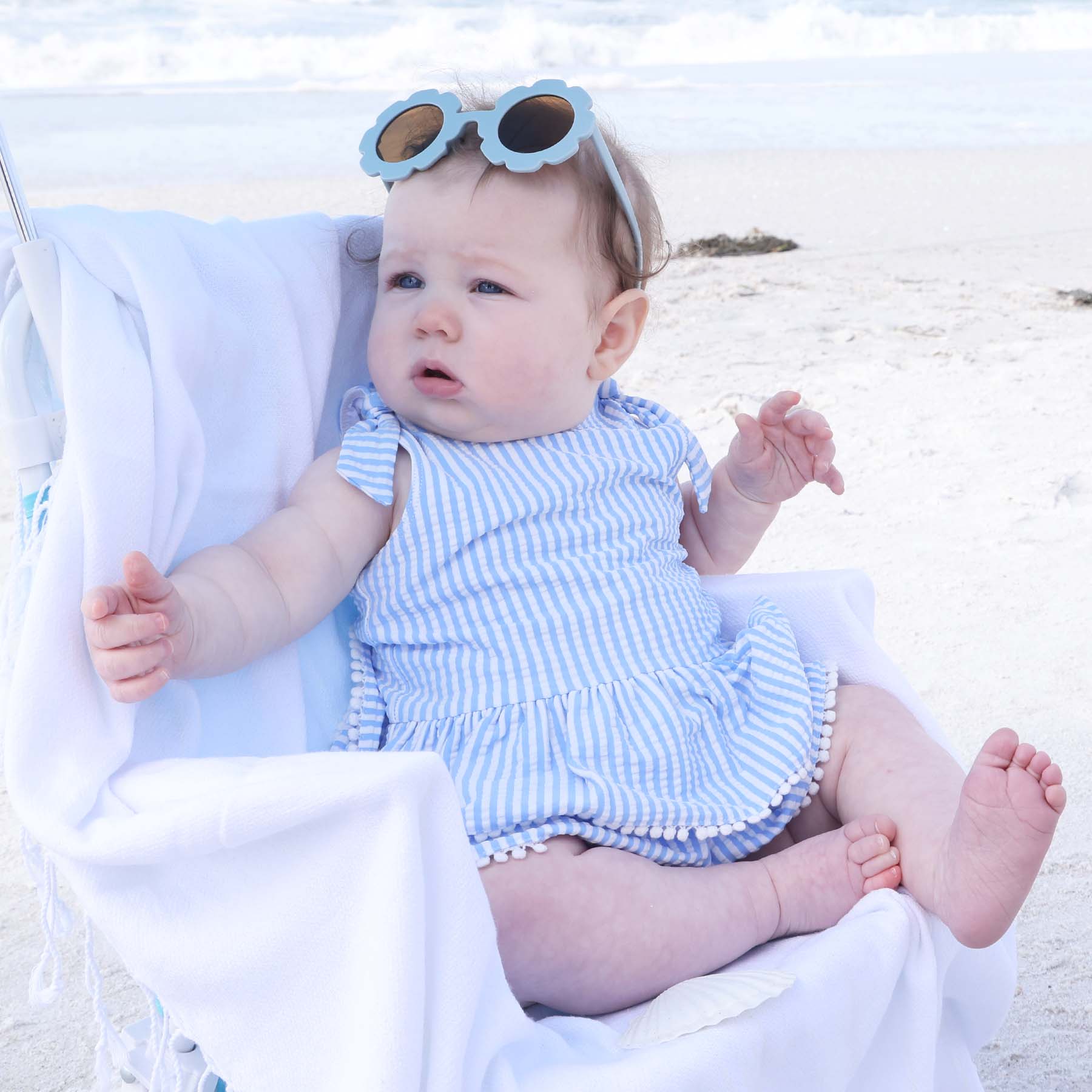  Tiered Skirt with White Pom Trim | Seersucker Blue、mySite、layawaytickets