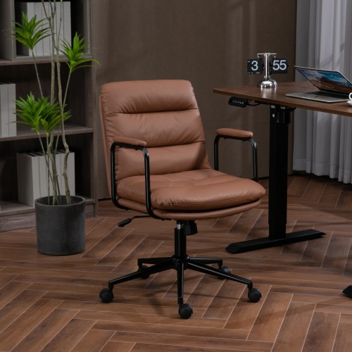 Office Chair,Mid Back Home Office Desk Task Chair with Wheels and Arms Ergonomic PU Leather Computer Rolling Swivel Chair with Padded Armrest,The back of the chair can recline 40° (Brown)、、casual