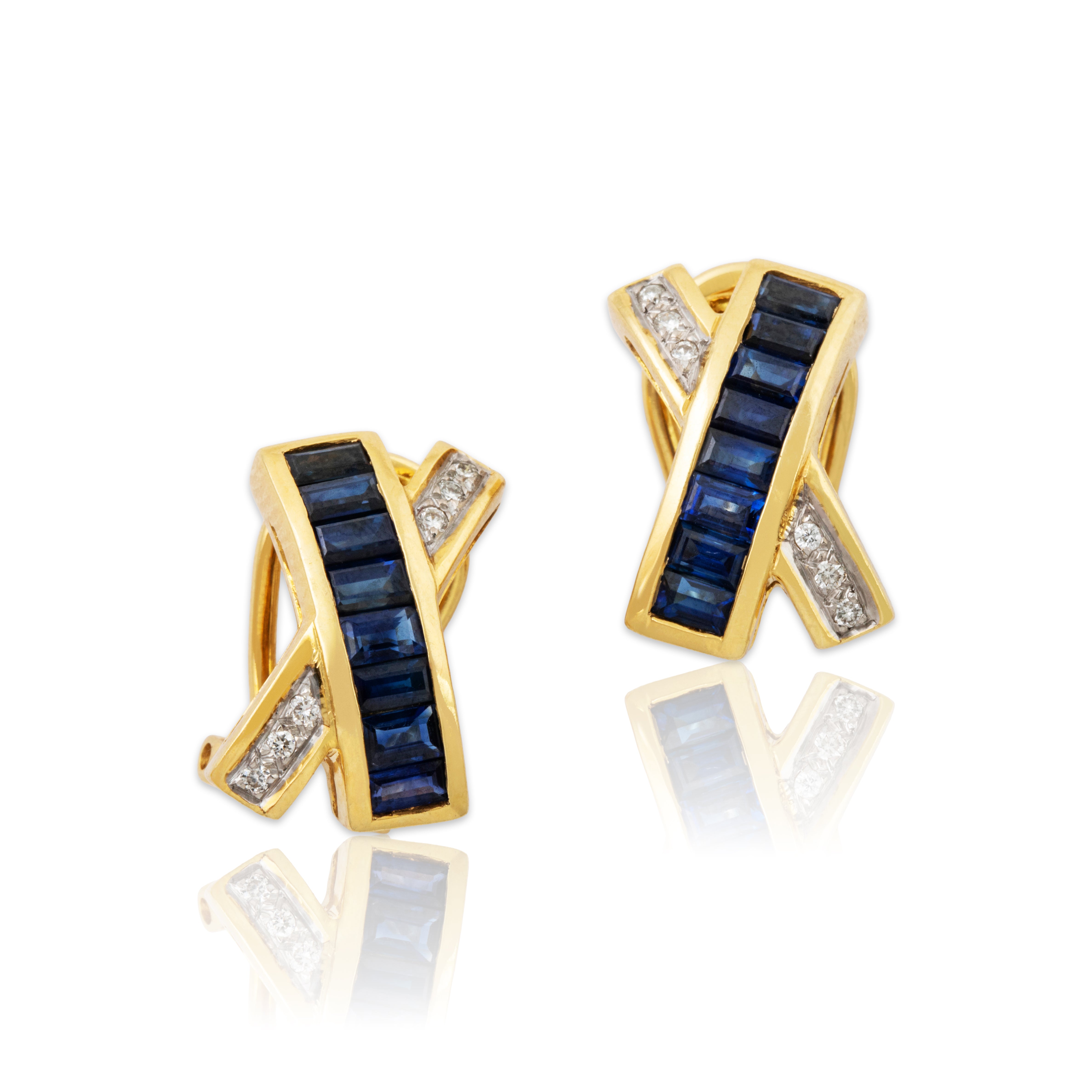 Vintage 18k Yellow Gold 2.24cttw Blue Sapphire Diamond Chic Criss-Cross Earrings、mySite、hinf8tx79
