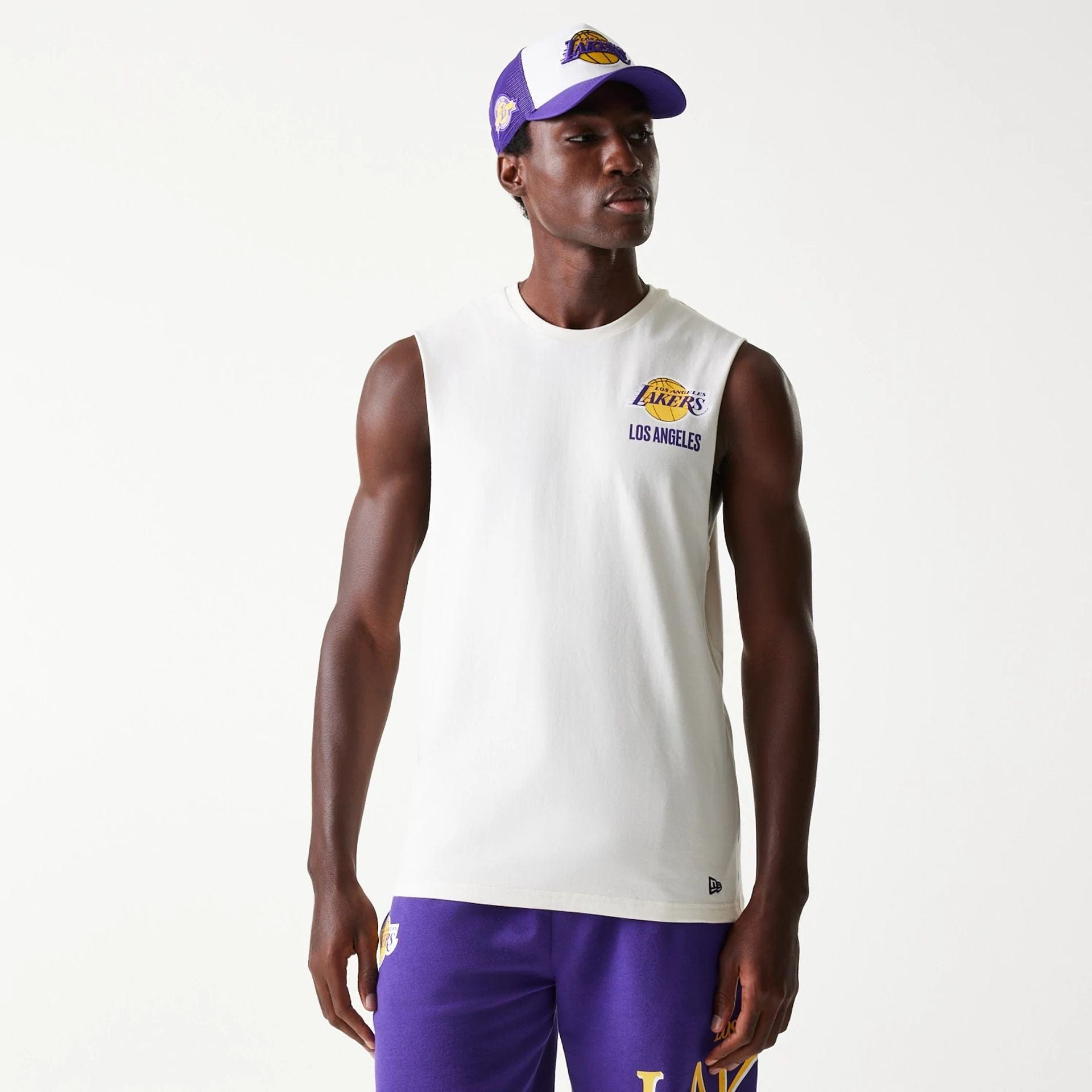 LA Lakers NBA Graphic Open White Sleeveless T-Shirt、mySite、vikingsvslions