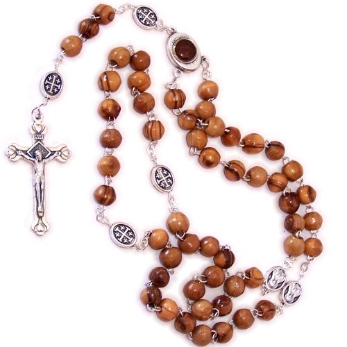 Olive Wood Beads Rosary Made with Silver Tone Our Father Beads and Soil Rosary Center from The Holy Land. Comes with Gift Bag and Certificate、mySite、topwebapps
