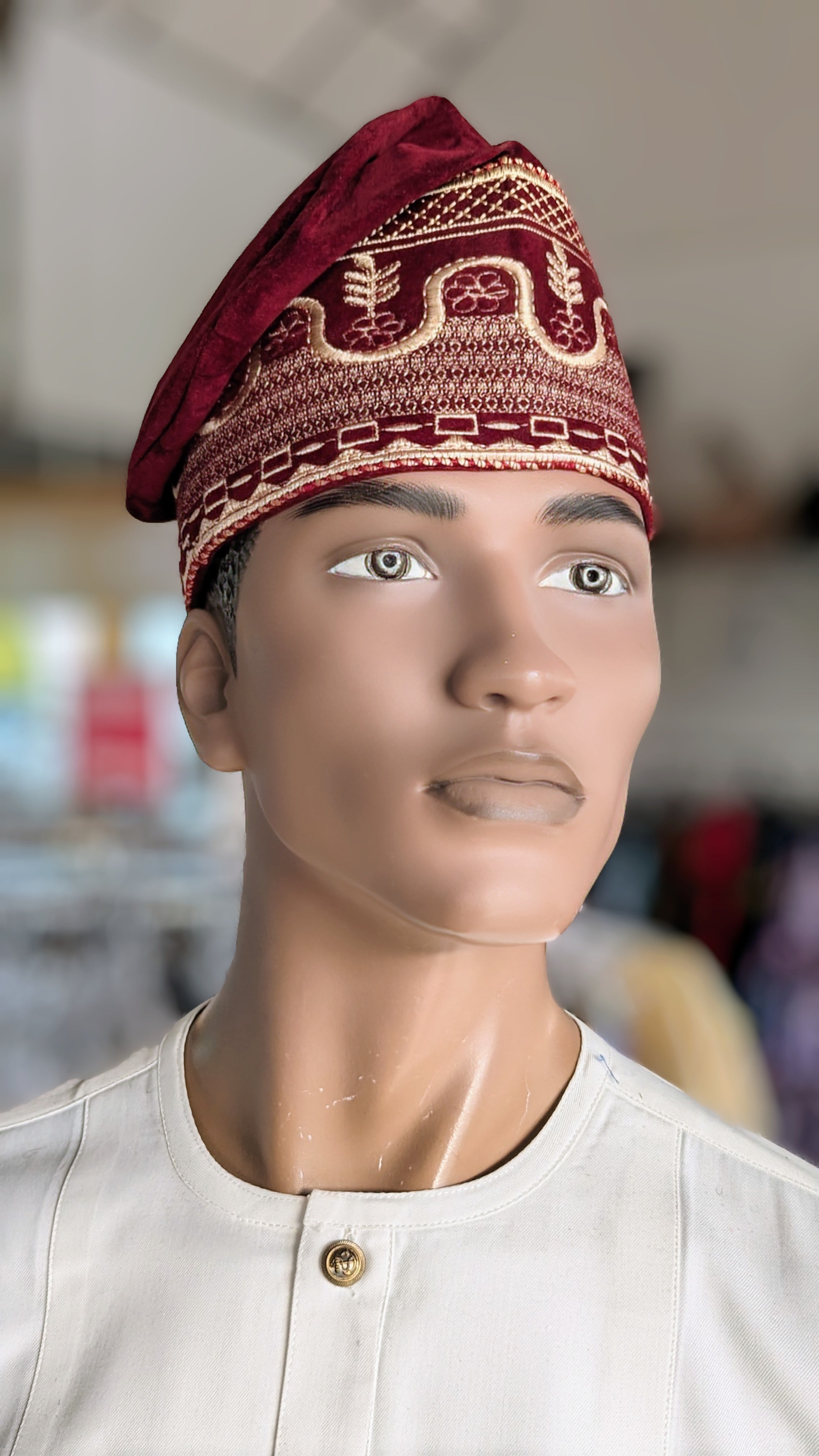 Dupsie's Goruba Burgundy Velvet Kufi Fila Cap Hat with Beige and Gold Embroidery DPHBBVH7、mySite、solidvoid