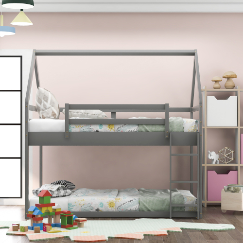 Twin Size Bunk House Bed with Slide and Ladder,Gray、、casual