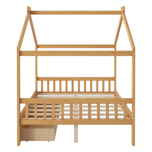 Twin Size House Platform Bed with Headboard and Footboard,Roof Design,Natural、、casual