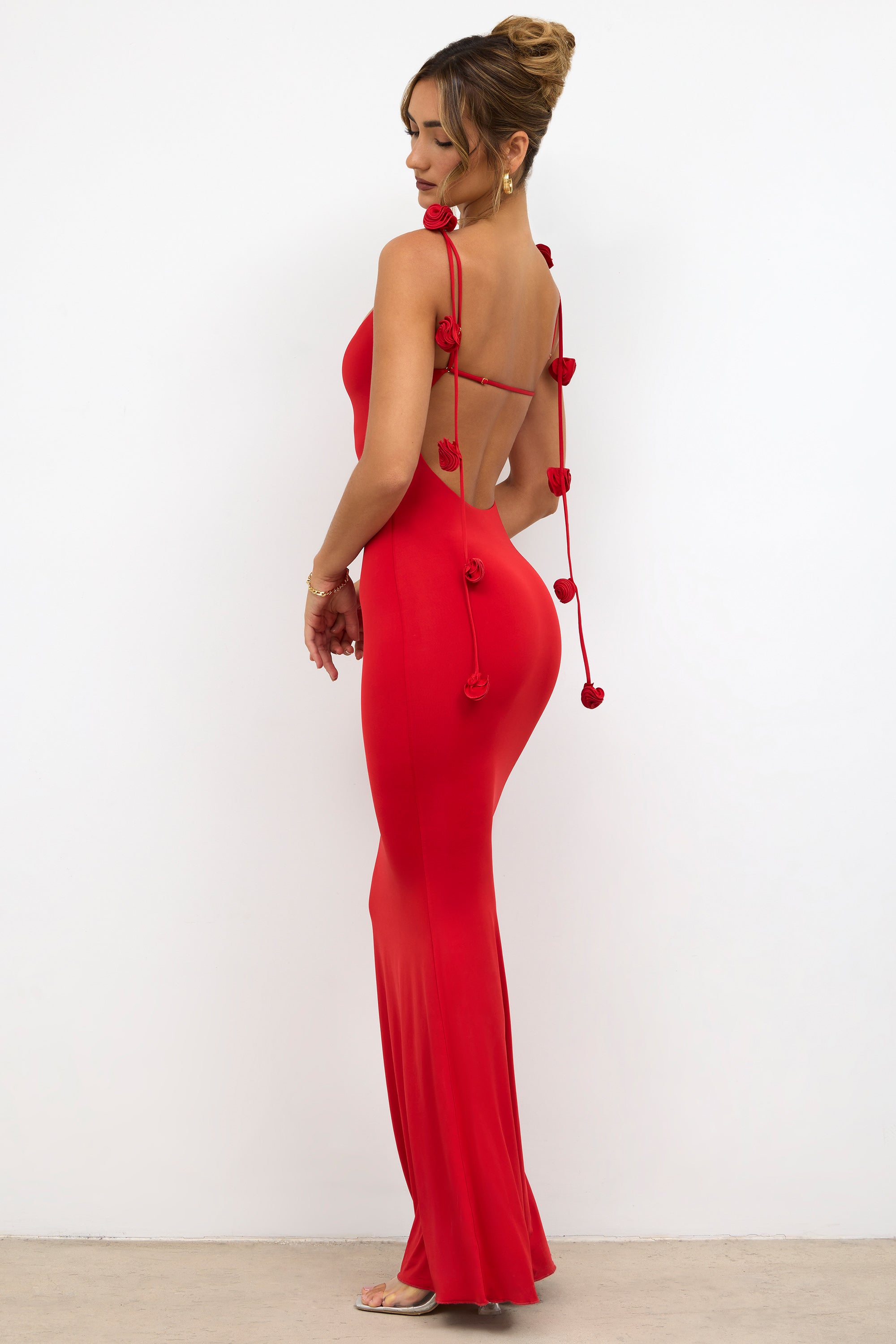 Slinky Jersey Rose Detail Evening Gown in Scarlet Red、mySite、solidvoid
