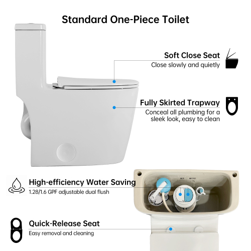 1.1/1.6 GPF Elongated Comfort Height Floor Mounted One-Piece Toilet, CUPC Certified, WaterSense Cetified, Ceramic, White Color, Soft Close Seat、、xpatfood