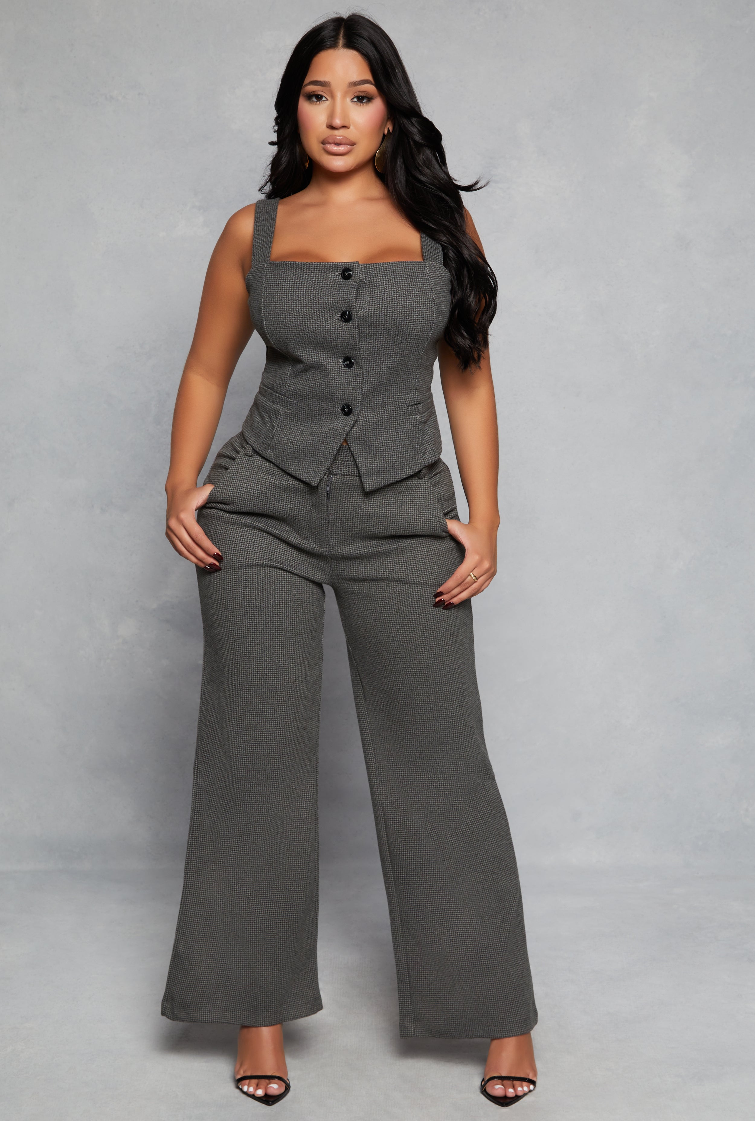 Houndstooth Square Neck Button Front Vest、mySite、camillekostekn