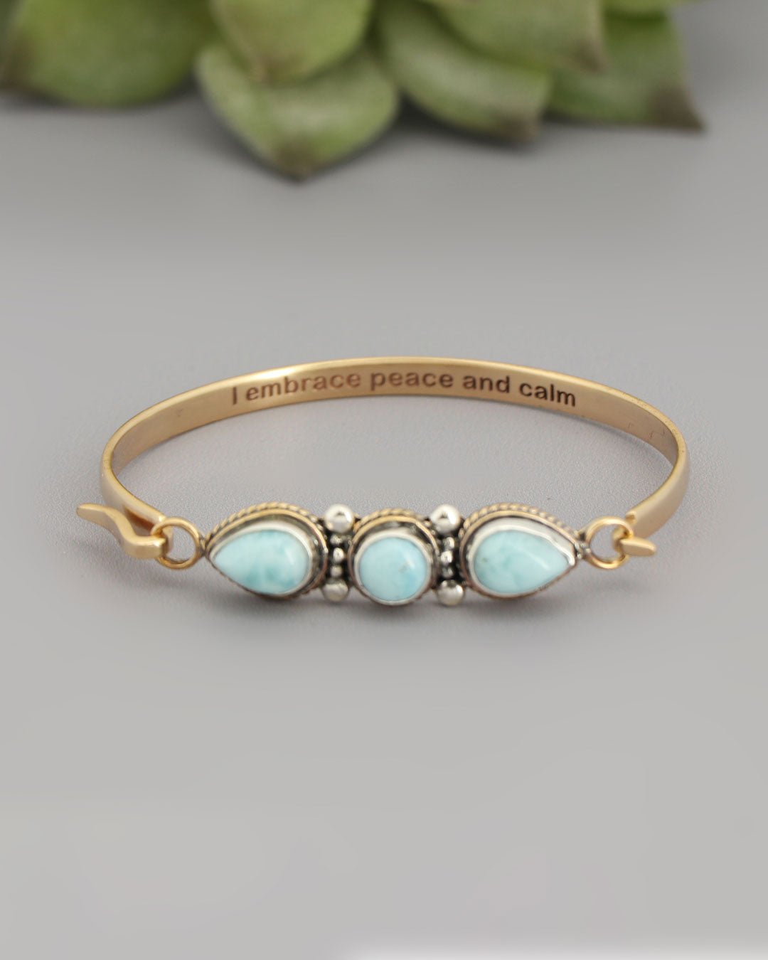 Larimar Gemstone Bracelet – Sterling & Bronze Cuff with I Embrace Peace and Calm Engraving、mySite、topwebapps