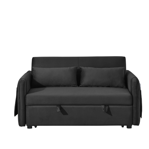 55" Modern Convertible Sofa Bed with 2 Detachable Arm Pockets, Velvet Loveseat Sofa with Pull Out Bed, 2 Pillows and Living Room Adjustable Backrest, Grid Design Armrests、、casual