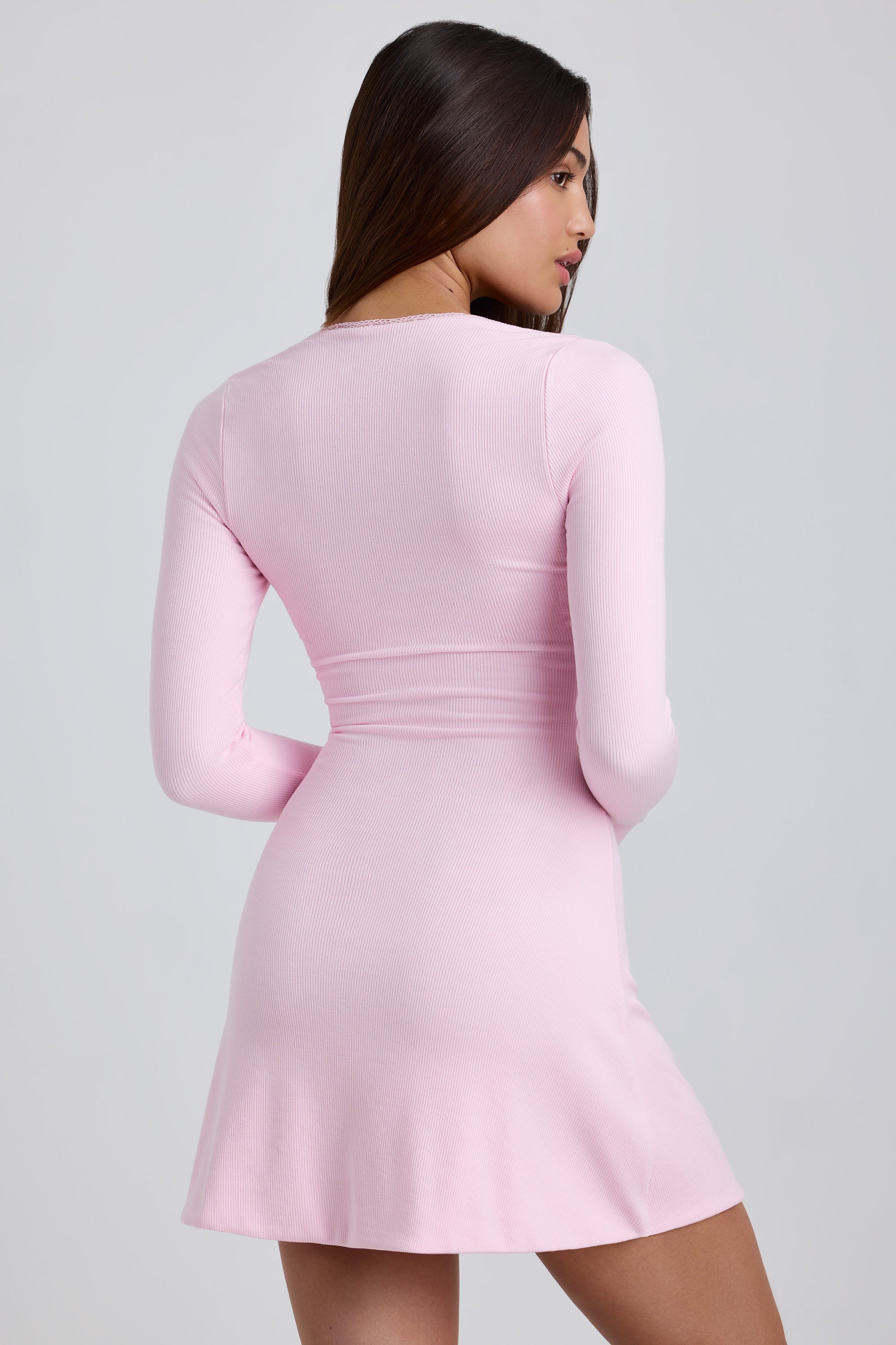 Ribbed Modal Lace-Trim Mini Dress in Blossom Pink、mySite、solidvoid