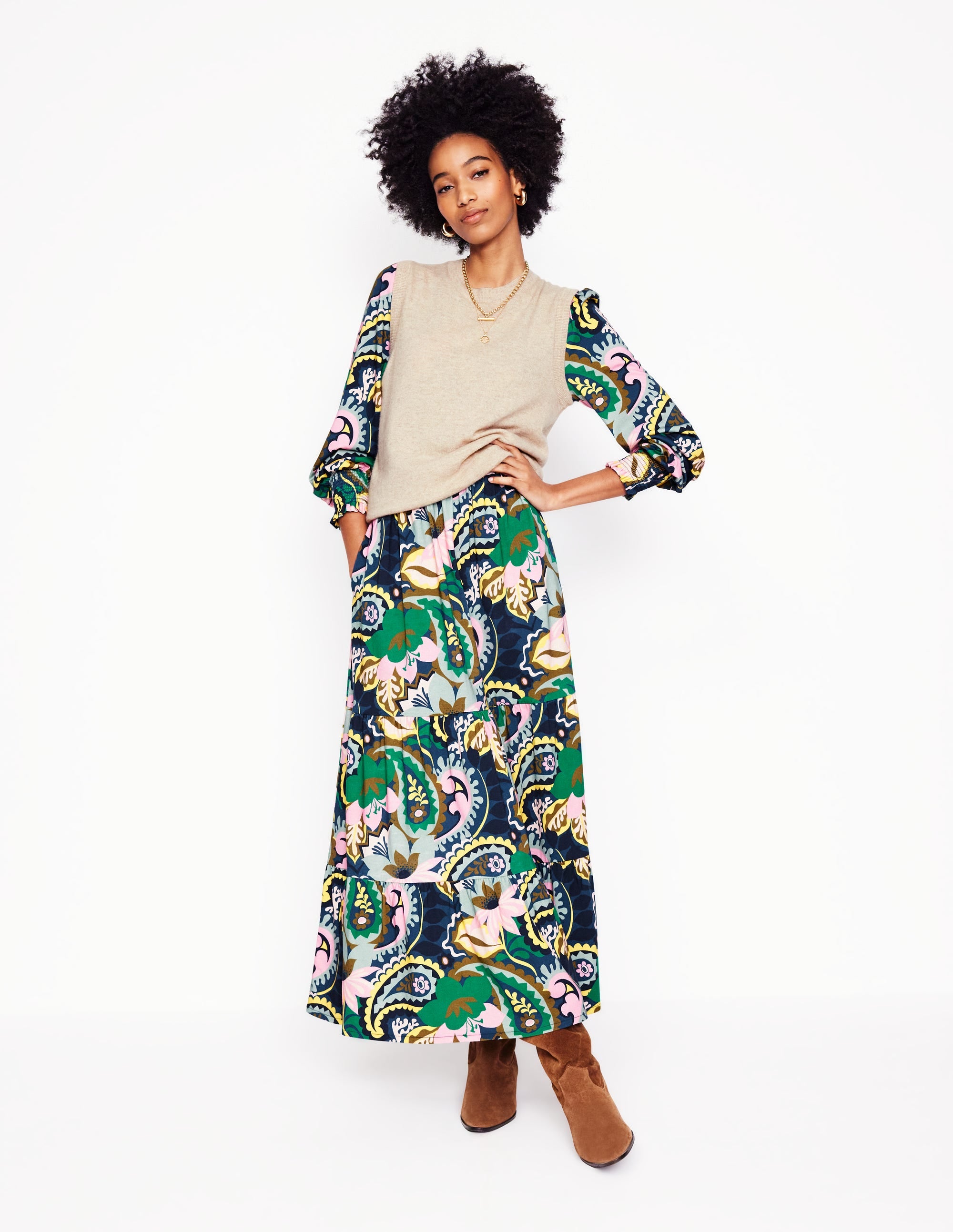  Tabitha Tiered Jersey Dress-Green, Botanical Paisley、mySite、ashleygrahame