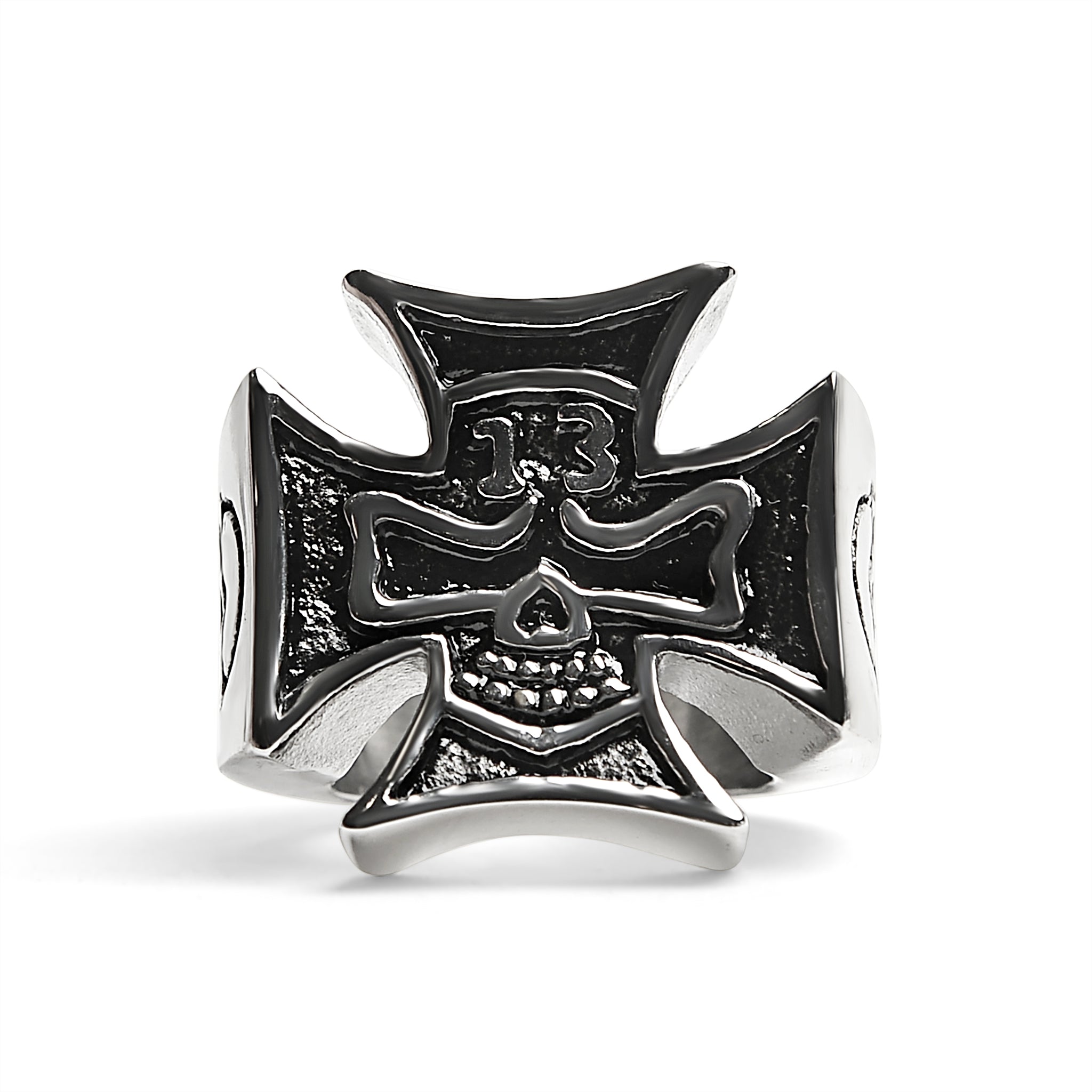 Large 13 Skull In Maltese Cross Stainless Steel Ring / SCR4009、mySite、dreamappss