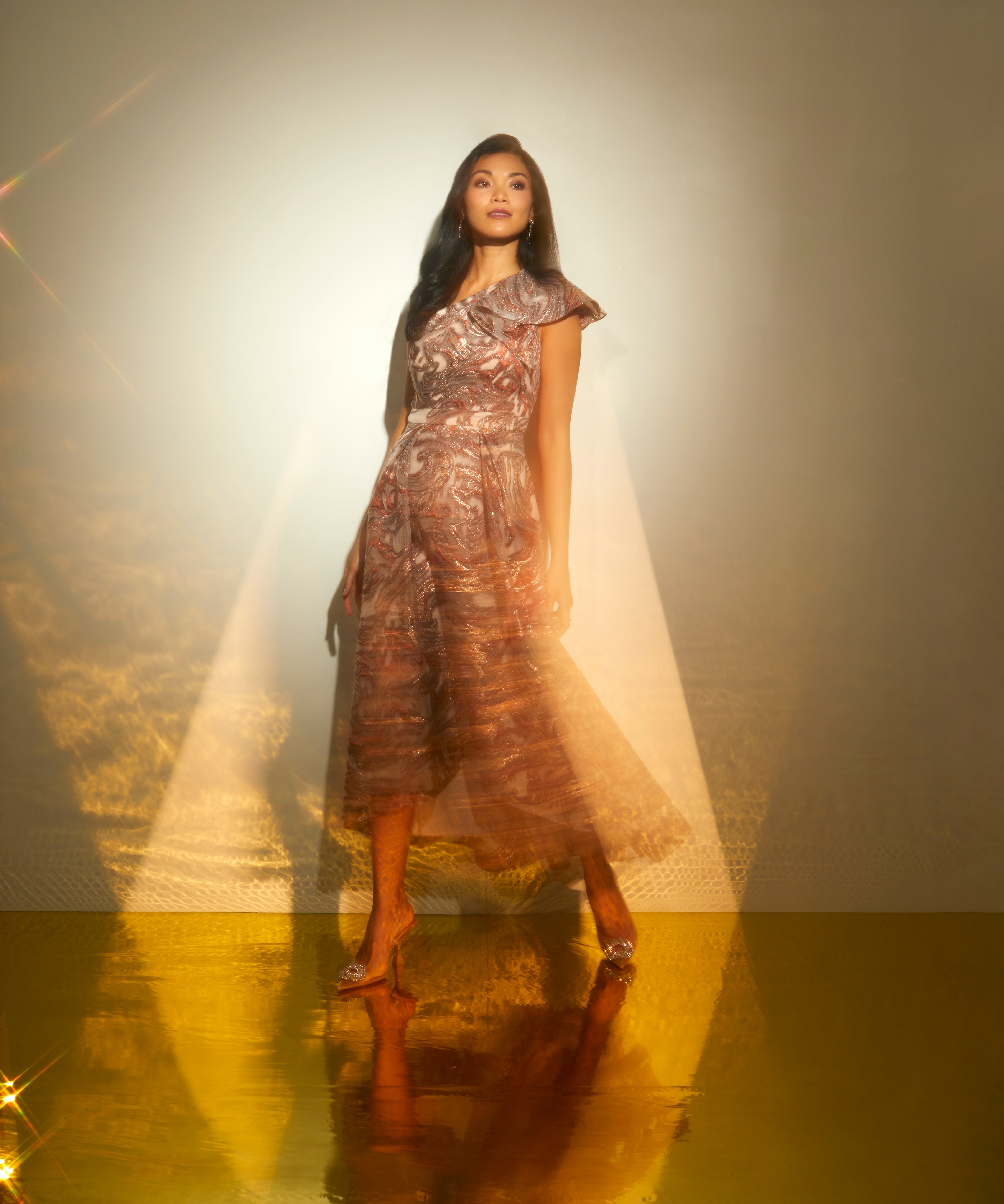 Clipped Jacquard High Low Gown With Ruffle One Shoulder Neck In Rust Multi、mySite、solidvoid