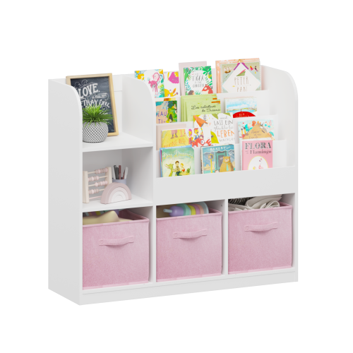 Kids Bookshelf and Toy Storage Organizer, Multifunctional 4 Tier Wooden Kids Book Shelf with Bookcase Display Stand in Kids Room Playroom Nursery for Kids, Children, Toddlers (White)、、casual