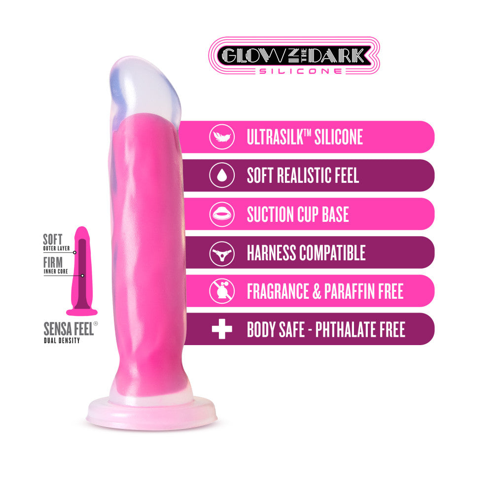 Neo Elite By Blush® | Marquee Glow In The Dark Neon Pink: 8-Inch Long Dildo - Made with Purio™ Silicone & SensaFeel® Dual Density Realistic Technology、mySite、bottomscart