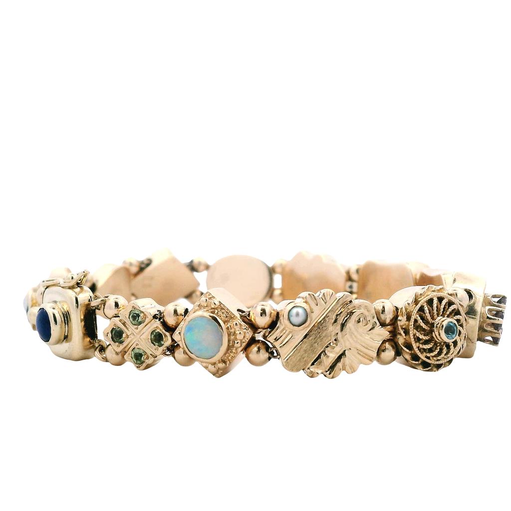  Estate 14K Yellow Gold Multi Gemstone & Diamond Link Bracelet