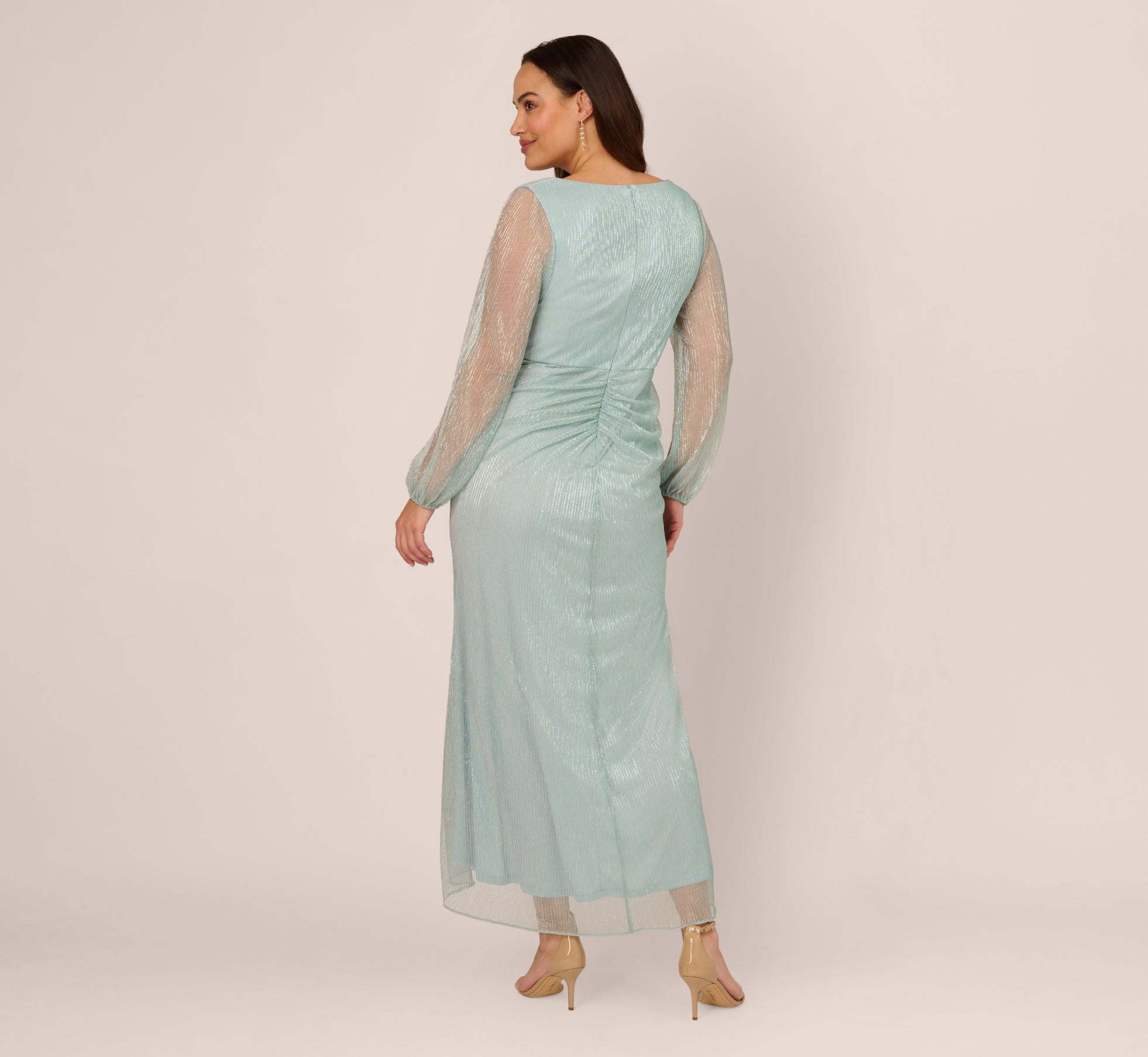 Plus Size Crinkle Metallic Gown With Sheer Bishop Sleeves And Draped Details In Mint Smoke、mySite、solidvoid