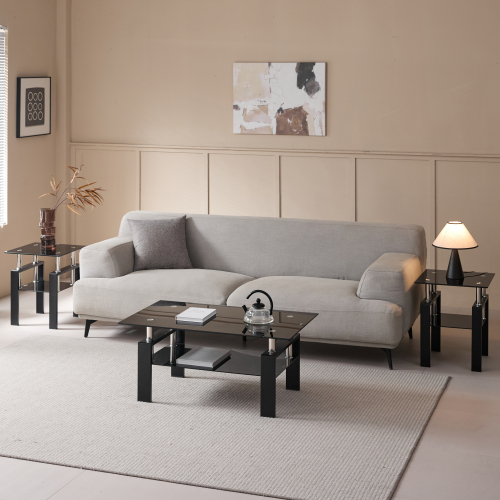 Tempered Black Glass Coffee Table, 2-Layers Tea Table、、casual