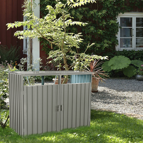 Garbage Bin Shed Stores 3 Trash Cans Metal Outdoor Bin Shed for Garbage Storage,Stainless Galvanized Steel, Bin Shed for Garden Yard Lawn,Grey、、eastwooduniform