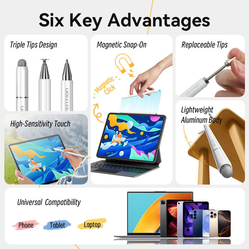 Vention 3-in-1 Magnetic Stylus Pen White Aluminum Alloy Type、mySite、fannypackpong