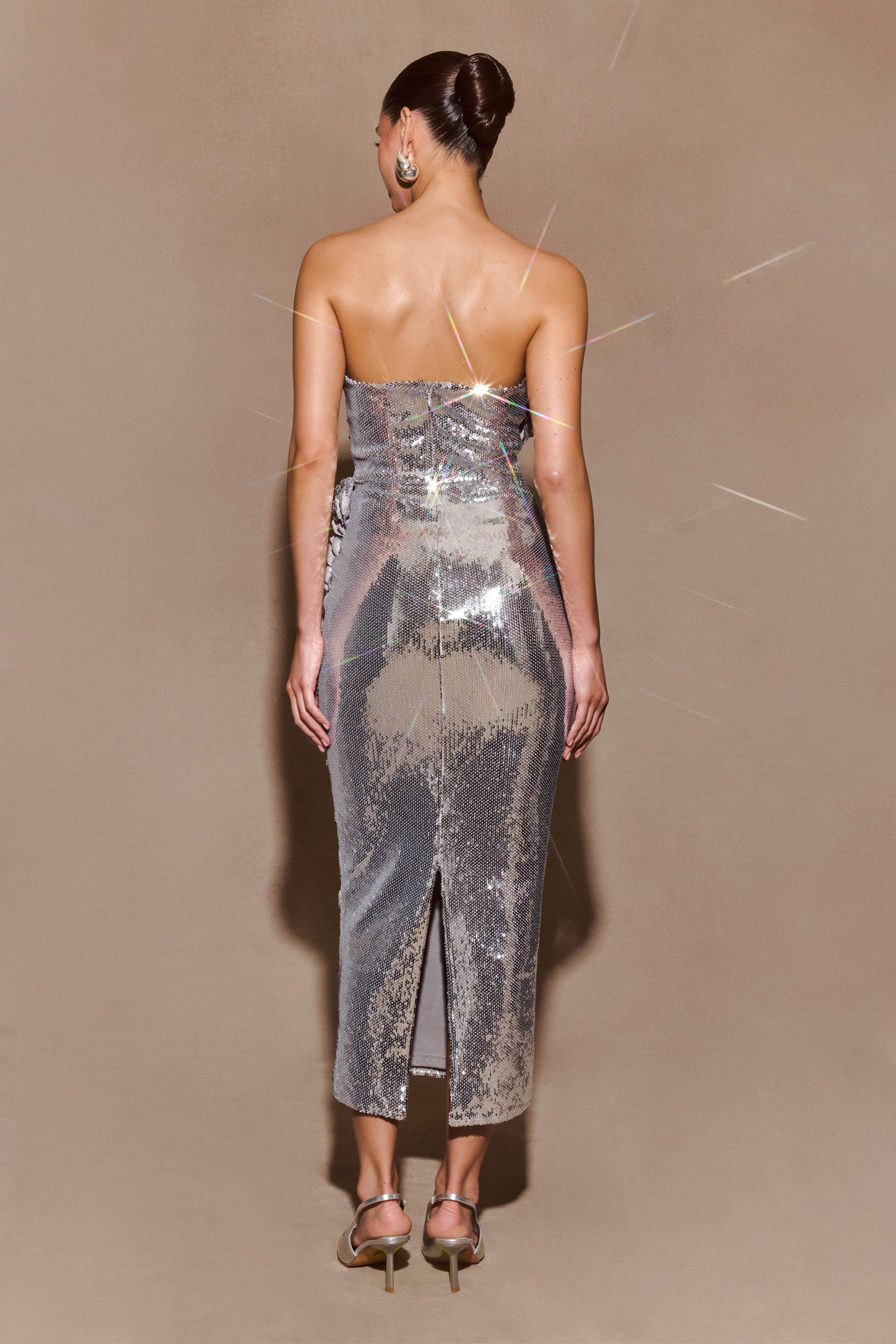 Cassia Strapless Sequin Rose Midi Dress - Silver、mySite、solidvoid