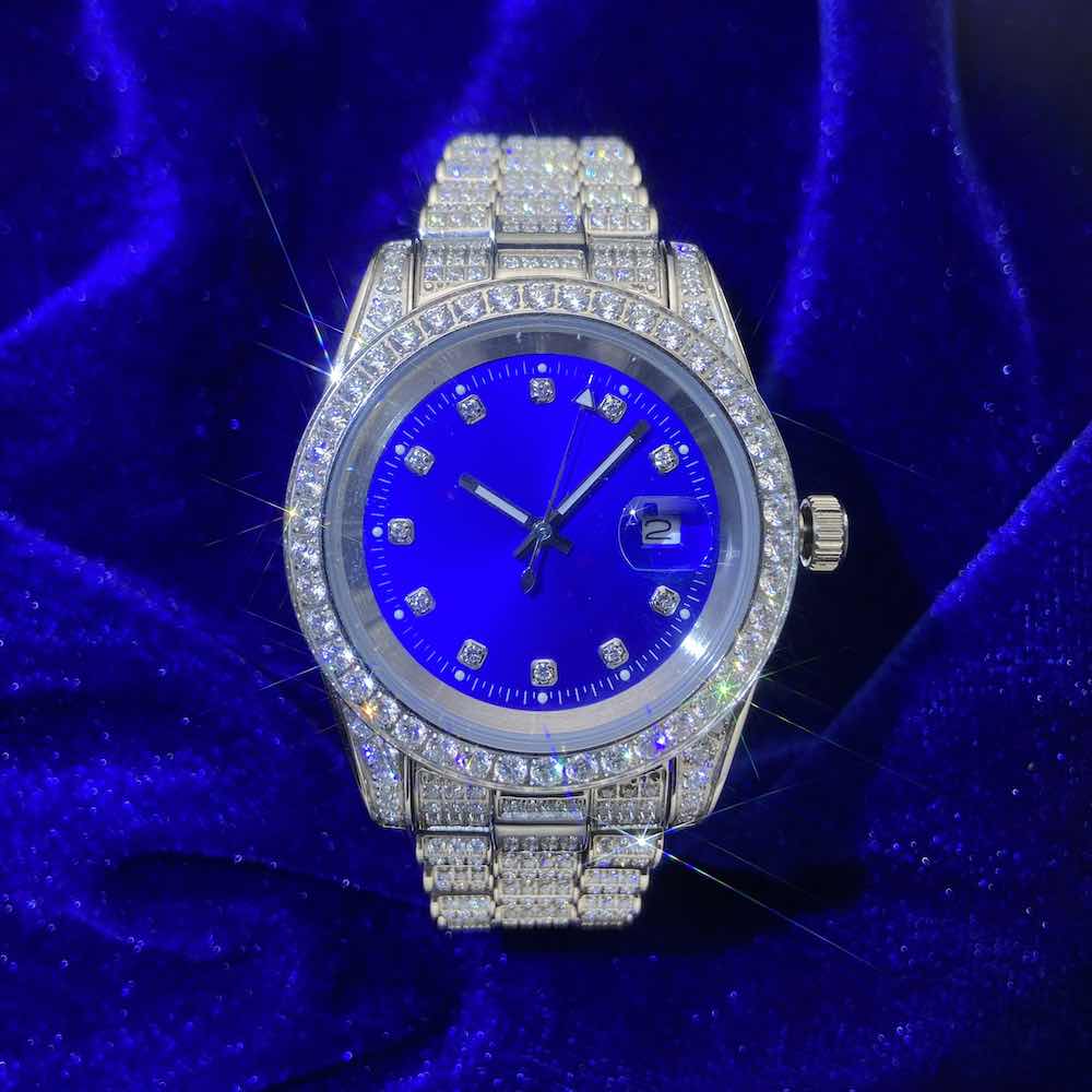 Moissanite Presidential Watch | Blue Face | 41MM | 13.3CT Iced Out | 14K White Gold、mySite、hinf8tx79