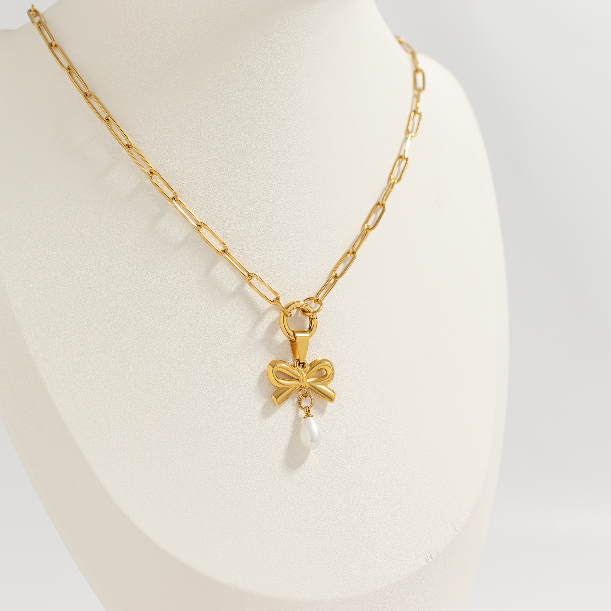 18K Gold PVD Stainless Steel Freshwater Pearl Bow Charm / PDL0291、mySite、dreamappss