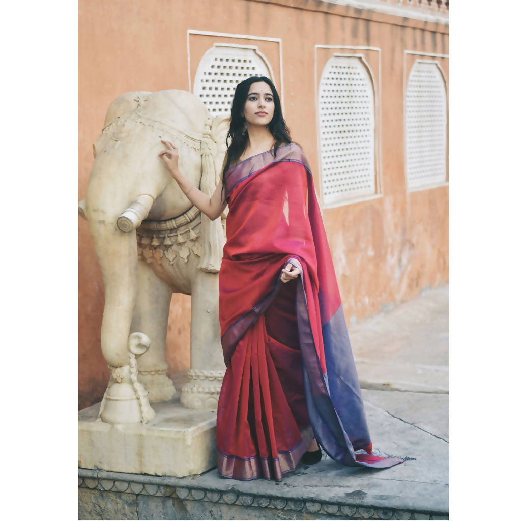 Maheshwari Cotton Silk Saree | Red & Blue、mySite、camillekostekn