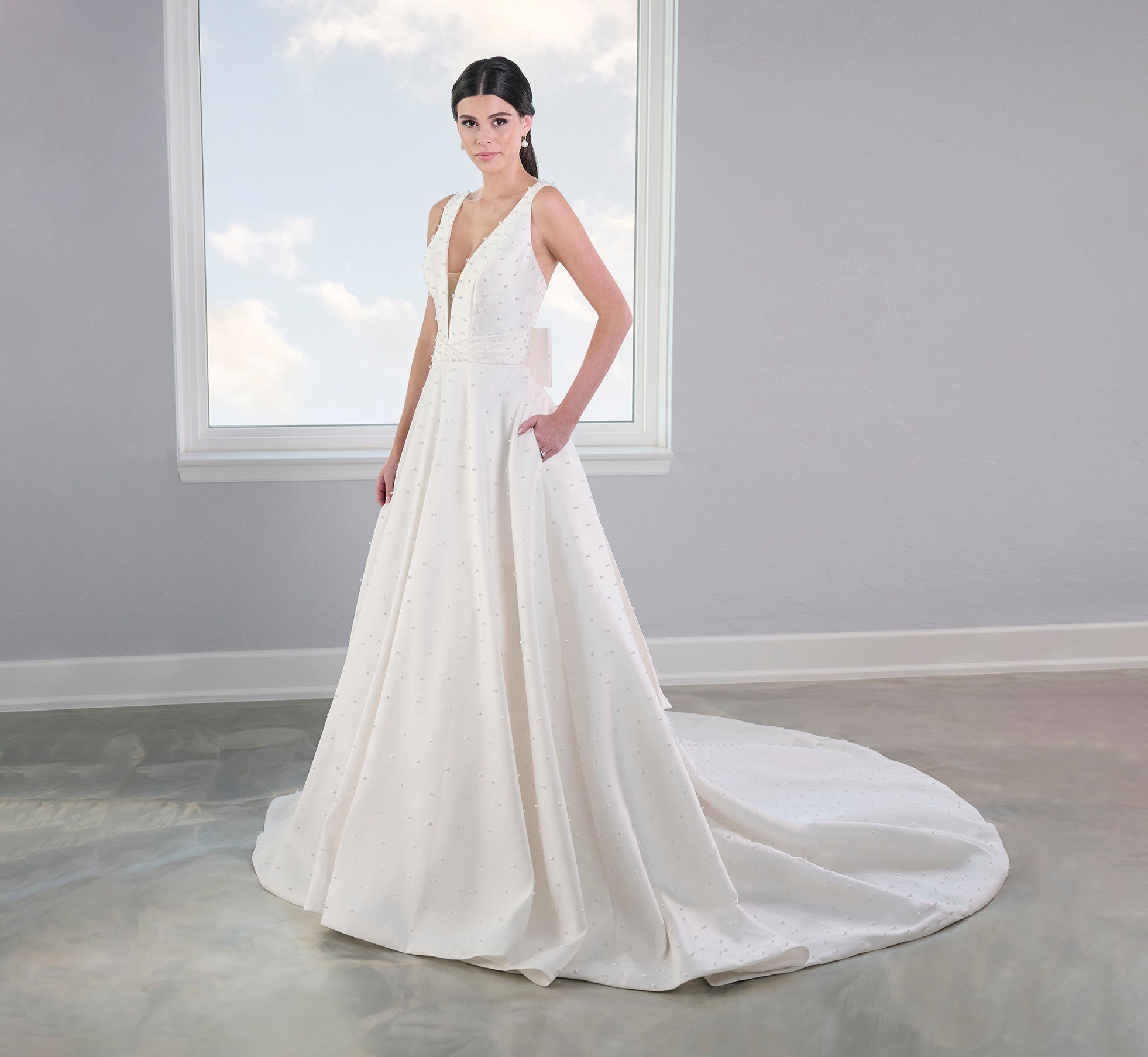 Pearl Studded Mikado A-Line Gown In Ivory Nude、mySite、solidvoid