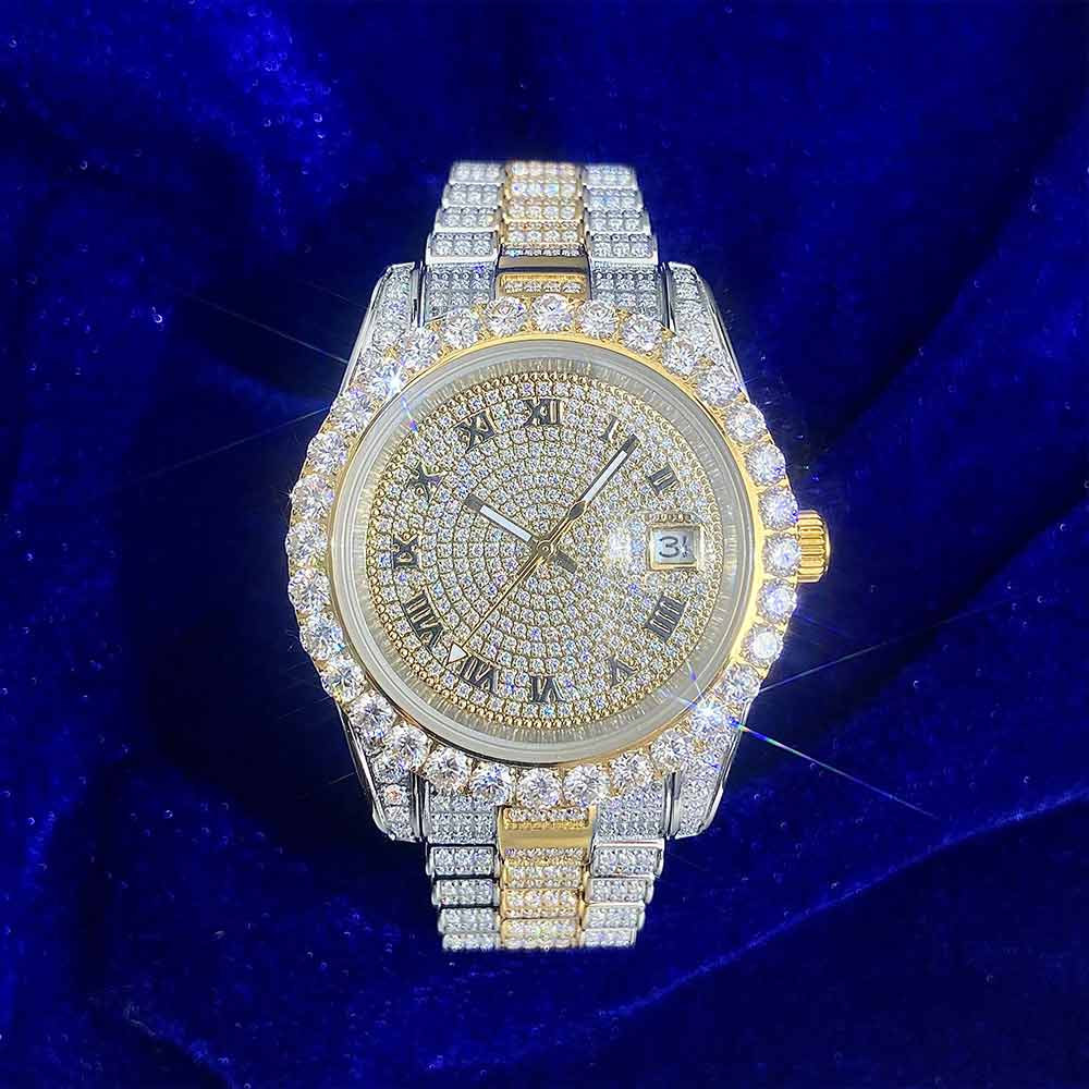 Moissanite Presidential Watch | 41MM | Roman Numeral Dial | 18.3CT Iced Out | 14K White and Yellow Gold Two Tone、mySite、hinf8tx79