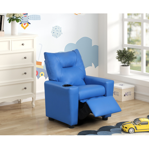 Perline 23"W Blue PVC Fabric Kids Recliner Chair with Cupholder、、casual